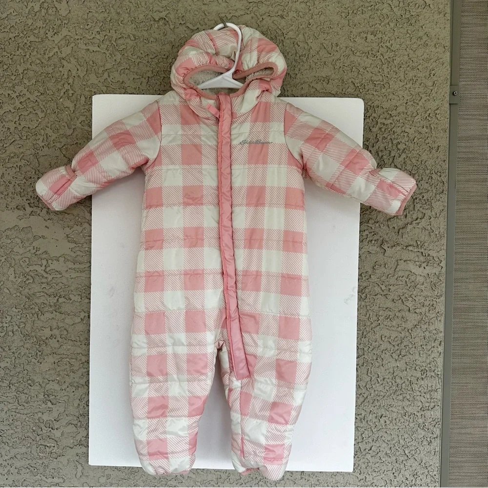 Eddie Bauer Infant Girls Pink Checkered Puffer Snowsuit 6-9M Hooded Sherpa Lined
